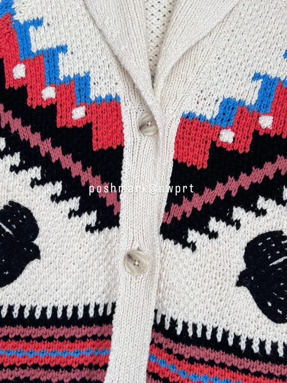 MOTHER De Gaulle Shawl Collar Cotton Knit Cardigan Sweater XS Cream White Aztec - Picture 6 of 14